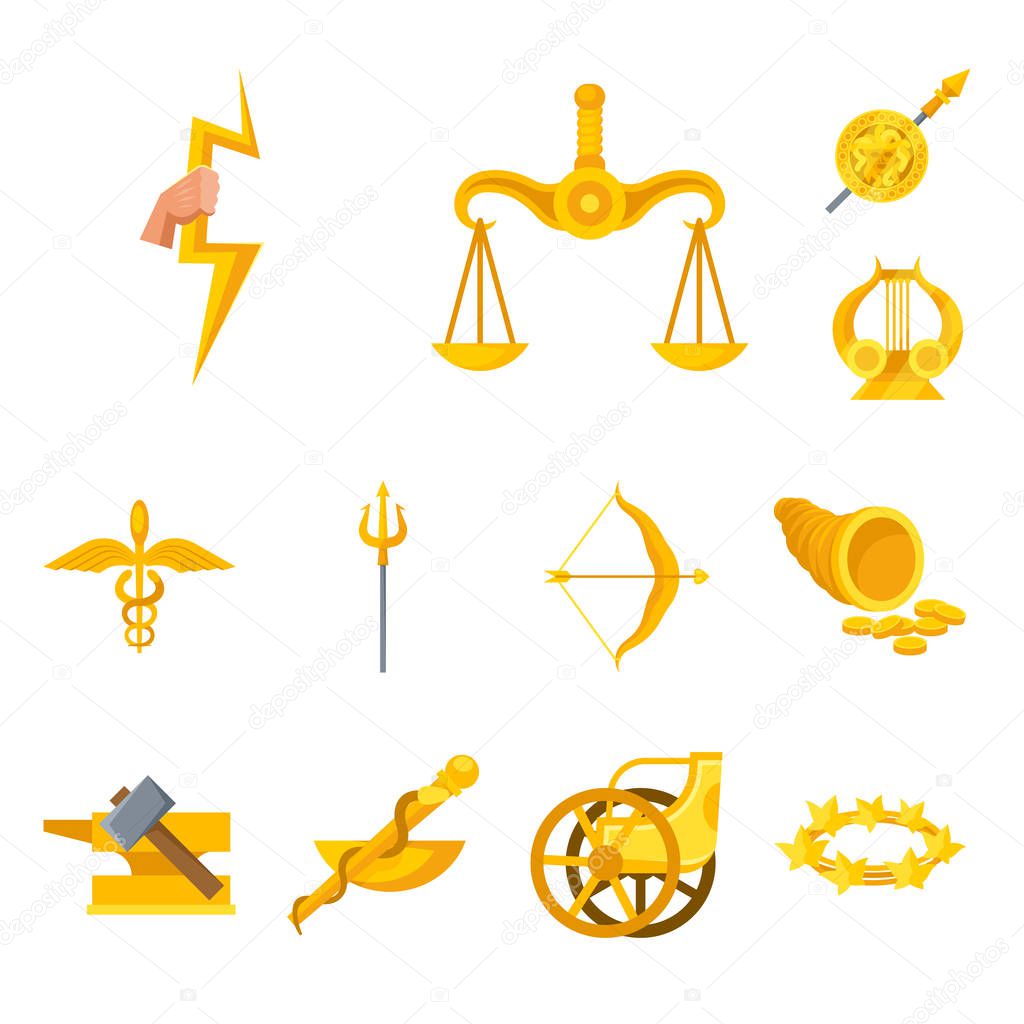 Vector design of attributes and greek logo. Set of attributes and god vector icon for stock.