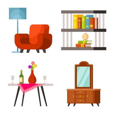 Mobilya ve iç simge vektör Illustration. Web için mobilya ve aksesuar stok sembolü koleksiyonu.