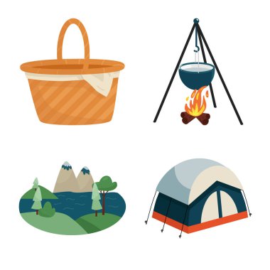 Piknik ve doğa simgesi vektör Illustration. Stok için piknik ve seyahat vektör simgesi seti.