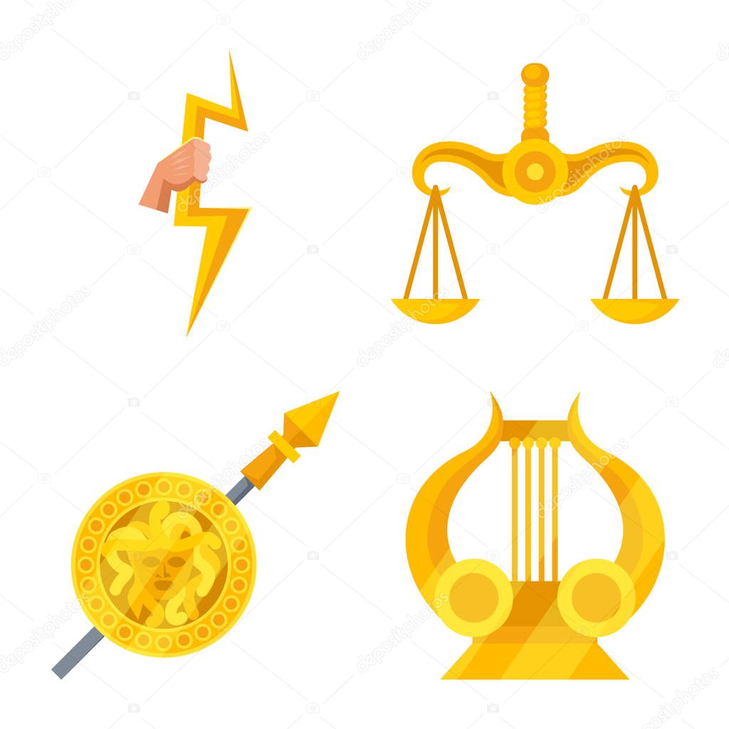 Vector design of attributes and greek icon. Collection of attributes and god stock symbol for web.