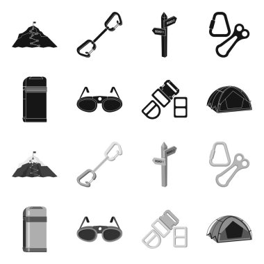 Dağcılık ve en yüksek işareti çizimi vektör. Dağcılık ve kamp kümesi web için hisse senedi simgesi.