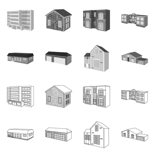 Ilustración vectorial de fachada e icono de la vivienda. Conjunto de ilustración vectorial de fachada e infraestructura . — Archivo Imágenes Vectoriales