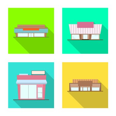 Butik ve inşaat işareti vektör Illustration. Butik ve Cityscape stok vektör çizim seti.