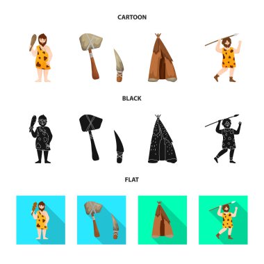 Evrimin vektör çizimi ve neolitik sembol. Stok için evrim koleksiyonu ve ilkel vektör simgesi.