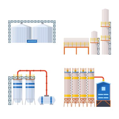 Sanayi ve bina sembolü vektör tasarımı. Web için sanayi ve inşaat stok sembolü kümesi.