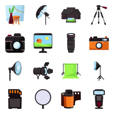 Stüdyo ve fotoğraf simgesinin vektör Illustration. Set stüdyo ve ekipman vektör simgesi stok için.