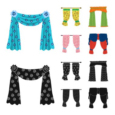 Perdelerin ve perdelerin izole edilmiş işareti. Perde koleksiyonu ve hisse vektör illüstrasyonunu köreltir.