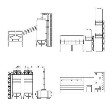 Üretim ve şirket sembolü izole nesne. Stok üretim ve yapı vektör simgesi koleksiyonu.