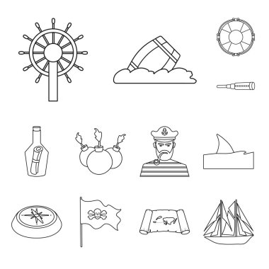 Hazine ve okyanus sembolü vektör tasarımı. Hazine ve denizcilik stok vektör çizim seti.