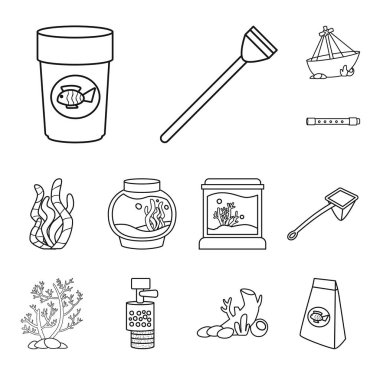 Balık kase ve aksesuar sembolü izole nesne. Stok için Fishbowl ve bakım vektör simgesi koleksiyonu.