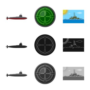 Savaş ve gemi simge vektör tasarımı. Savaş ve hisse senedi için filo vektör simge kümesi.