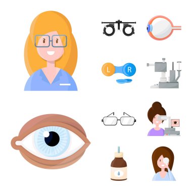 Görme vektör tasarımı ve klinik işareti. Görme ve oftalmoloji stok vektör illüstrasyon seti.