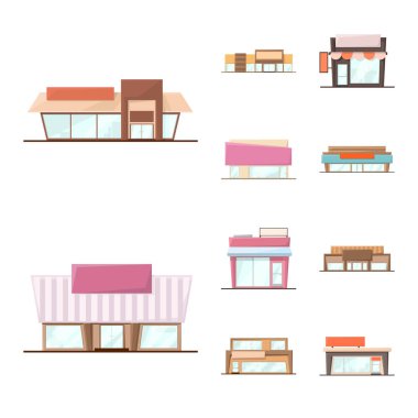 Bina ve süpermarket simgesi vektör illüstrasyon. Hisse senedi için bina ve piyasa vektör simgesi kümesi.