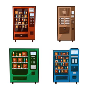 Otomat ve hizmet simgesinin vektör tasarımı. Stok için otomat ve atıştırmalık vektör simgesi koleksiyonu.