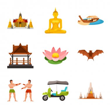 Tayland ve seyahat logosu vektör illüstrasyon. Web için tayland ve kültür stok sembolü koleksiyonu.