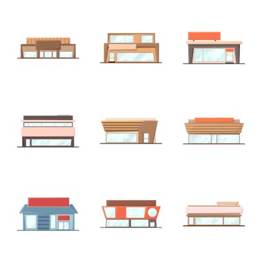 Bina ve süpermarket işareti izole nesne. Hisse senedi için bina ve piyasa vektör simgesinin toplanması.