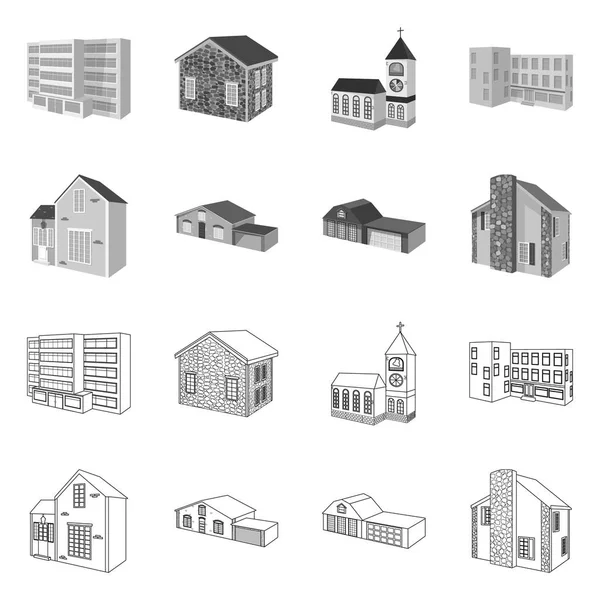 Векторна ілюстрація фасаду та логотипу житла. Колекція фасадів та інфраструктури Векторні ілюстрації . — стоковий вектор