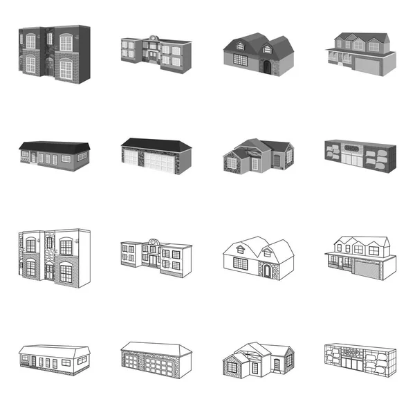 Projeto vetorial de fachada e ícone de habitação. Conjunto de fachada e símbolo de estoque de infraestrutura para web . —  Vetores de Stock