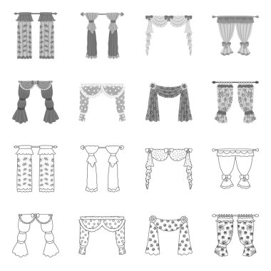 Perdelerin ve perde simgelerinin vektör tasarımı. Perdeler ve perdeler ağ için stok sembolü.