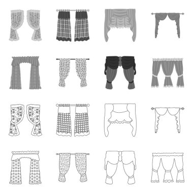 Perdelerin ve perdeler simgesinin izole nesne. Perde ve jaluzi stok vektör illüstrasyon seti.