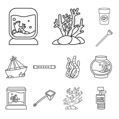 Fishbowl ve aksesuar logosu izole nesne. Fishbowl ve bakım stok vektör illüstrasyon seti.