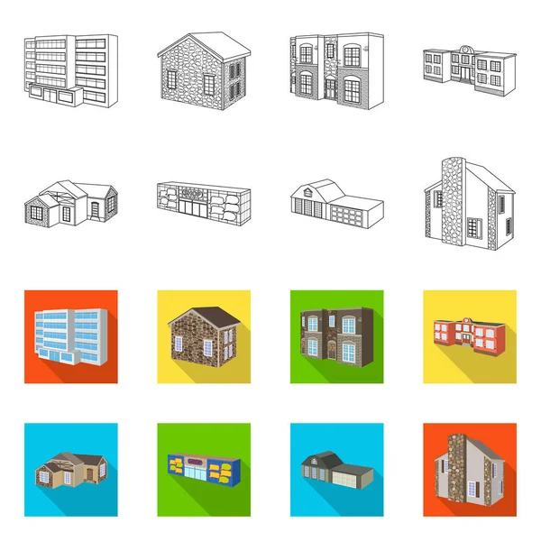 Ilustración vectorial de fachada e icono de la vivienda. Colección de la fachada y el símbolo de stock de infraestructura para web . — Archivo Imágenes Vectoriales