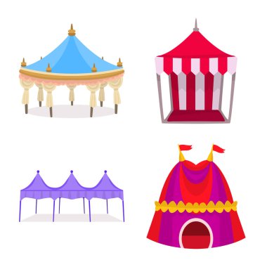 Tente ve barınak logosu vektör illüstrasyon. Stok için tente ve gölgelik vektör simgesi koleksiyonu.