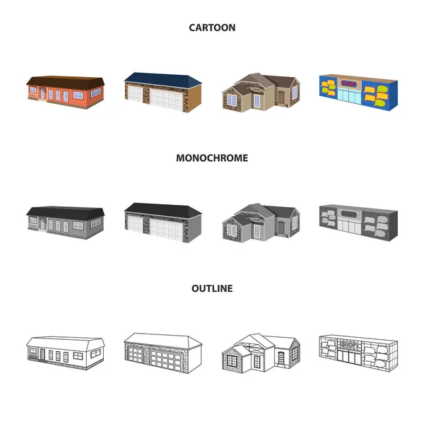 Ilustración vectorial de la fachada y símbolo de la vivienda. Conjunto de icono vectorial de fachada e infraestructura para stock . — Vector de stock