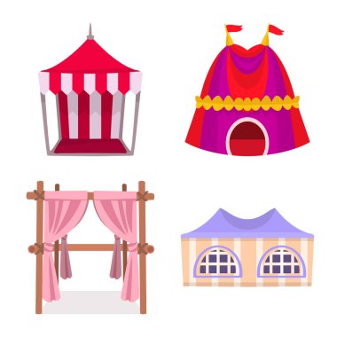 Tente ve barınak sembolü vektör illüstrasyon. Tente ve gölgelik stok vektör illüstrasyon seti.