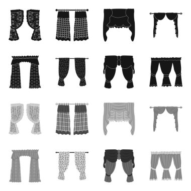 Perde ve perdelerin izole nesnesi işareti. Perde ve panjur stok vektör illüstrasyon seti.