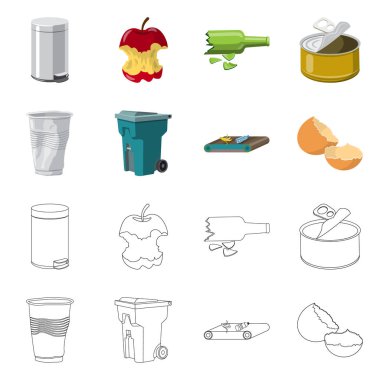 Çöp ve önemsiz işareti izole nesne. Stok için çöp ve atık vektör simgesi koleksiyonu.