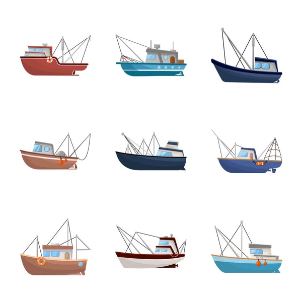 Vector illustration of boat and fishing icon. Collection of boat and vessel vector icon for stock. — Stock Vector