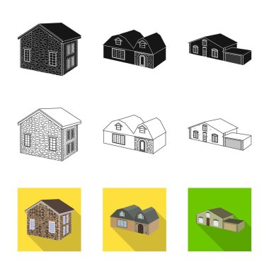 Cephe ve konut simgesinin vektör tasarımı. Web için cephe ve altyapı stok sembolü koleksiyonu.