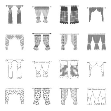 Perdeler ve perdeler simge vektör tasarımı. Web için perde ve güneşlik hisse senedi simgesi kümesi.