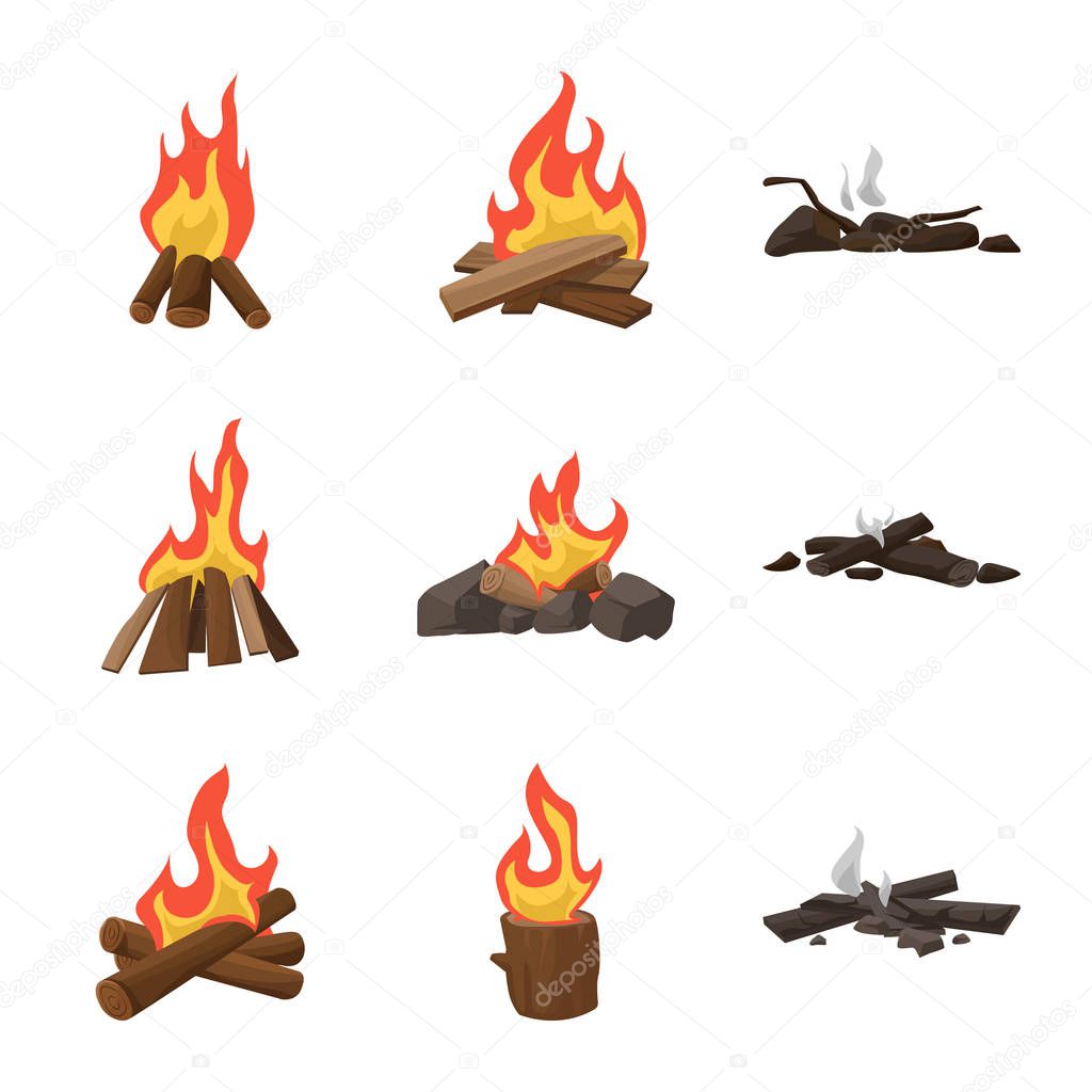 Vector design of flame and fire symbol. Collection of flame and camp vector icon for stock.