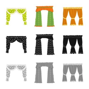 Perde ve perdelerin vektör tasarımı işareti. Stok için perde ve panjur vektör simgesi seti.