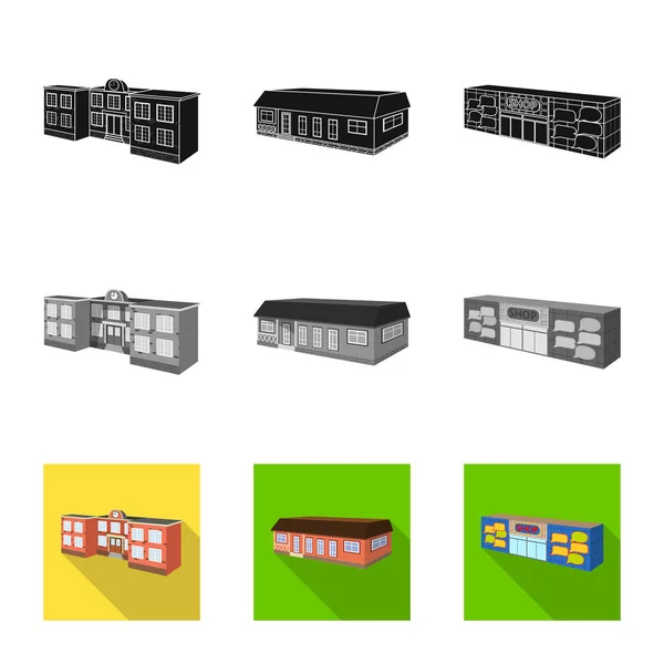 Ilustração vetorial de fachada e sinal de habitação. Conjunto de fachada e símbolo de estoque de infraestrutura para web . —  Vetores de Stock