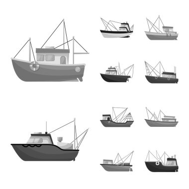 Deniz ve sürat teknesi logosu izole nesne. Deniz ve endüstriyel stok vektör illüstrasyon seti.