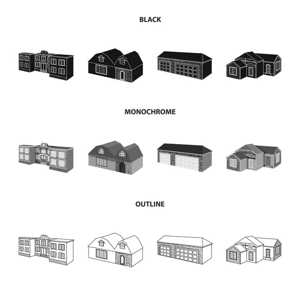 Illustration vectorielle de façade et panneau de logement. Ensemble de façade et infrastructure stock symbole pour le web . — Image vectorielle