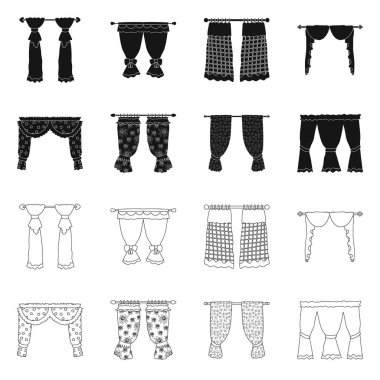 Perde ve perdelerin vektör tasarımı işareti. Stok perdeler ve jaluzi vektör simgesi koleksiyonu.