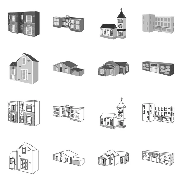 Ізольований об'єкт фасаду та логотипу житла. Колекція фасадів та інфраструктури Векторні ілюстрації . — стоковий вектор
