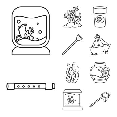 Fishbowl ve aksesuar logosu vektör illüstrasyon. Fishbowl ve bakım stok vektör illüstrasyon seti.