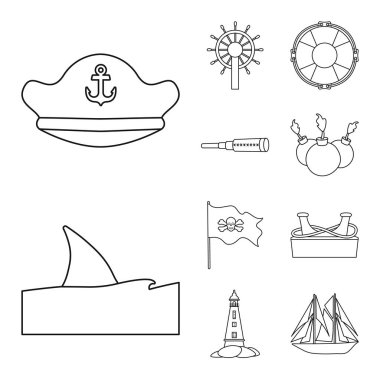 Hazine ve okyanus sembolü izole nesne. Hazine ve deniz stok vektör illüstrasyon koleksiyonu.