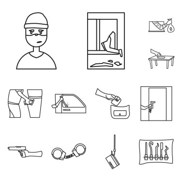 Haydut ve soygun logosu vektör illüstrasyon. Hisse senedi için eşkıya ve dolandırıcılık vektör simgesi kümesi.