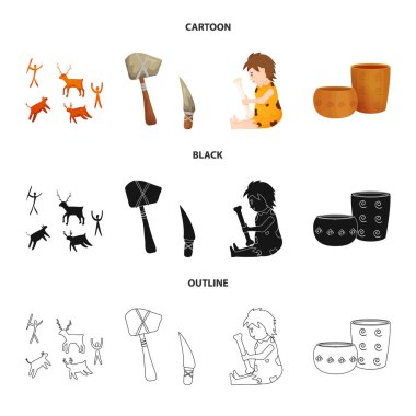 Evrim vektör tasarımı ve neolitik simge. Web için evrim ve ilkel stok sembolü seti.