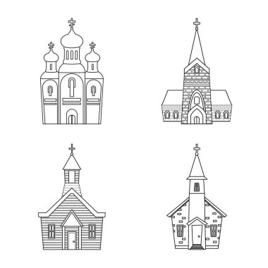 Mimari ve inanç işareti vektör tasarımı. Web için mimari ve tapınak stok sembolü koleksiyonu.
