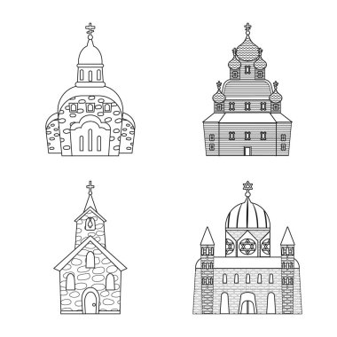 Mimari ve inanç logosu vektör tasarımı. Web için mimari ve tapınak stok sembolü koleksiyonu.