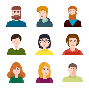 İnsanların vektör tasarımı ve avatar sembolü. Stok lar için kişi kümesi ve portre vektör simgesi.
