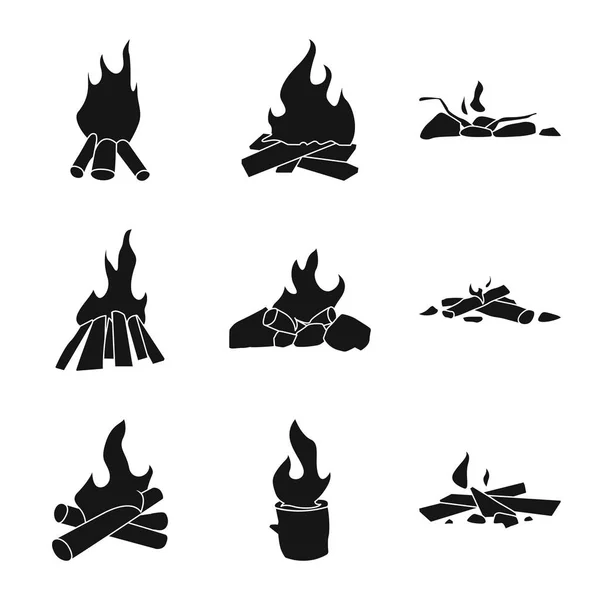 Vektordesign von Natur- und Wanderschildern. Set von natürlichen und Feuer-Vektor-Symbol für Aktien. — Stockvektor