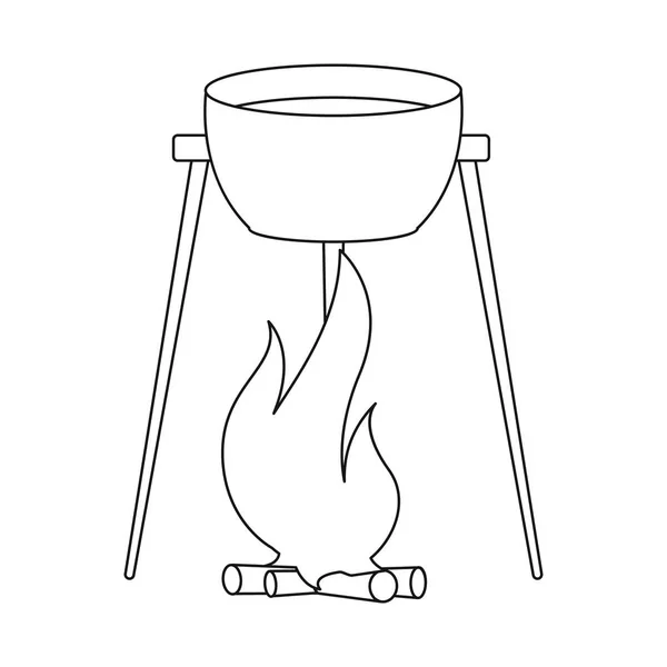 Vektorový design kotle a symbolu ohně. Sada ikon v kotlíku a v táborovém vektoru. — Stockový vektor